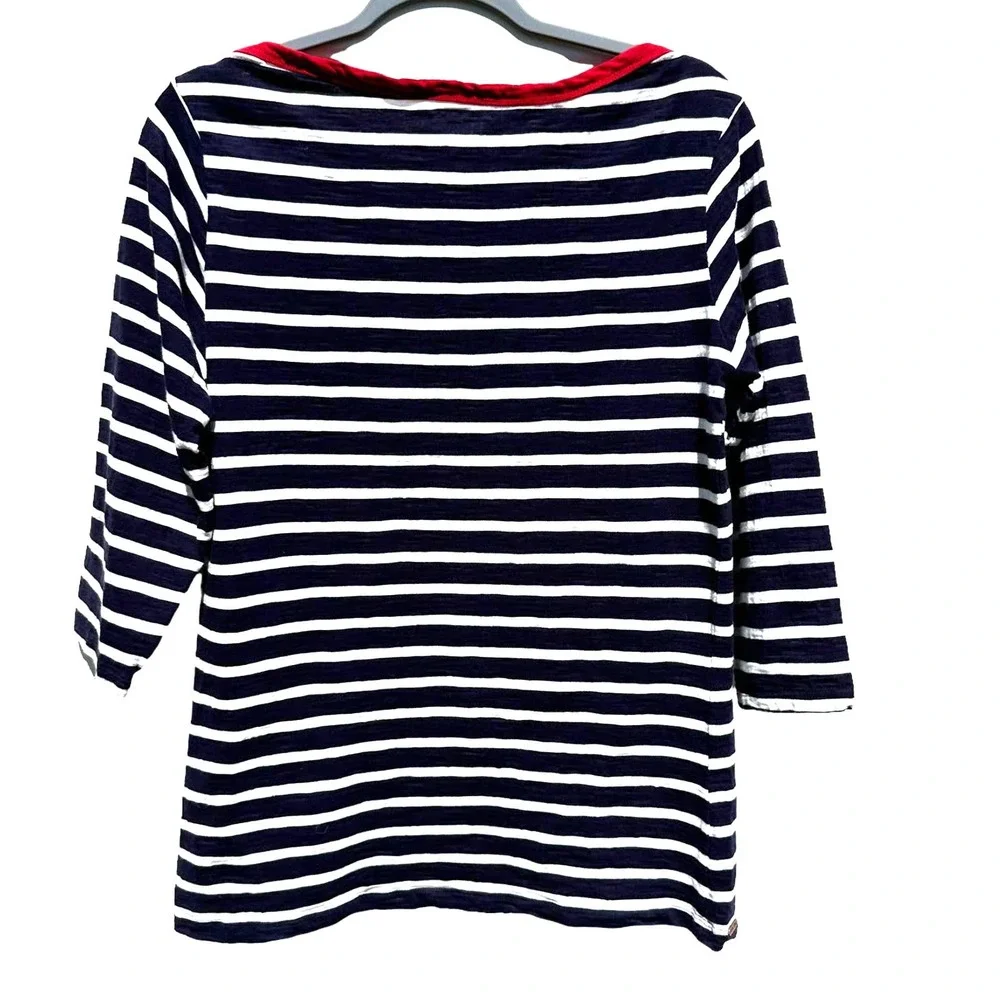 Hatley - Navy White Striped Boat Neck Shirt with Embroidered Red Anchor, SizeL - Picture 2 of 9